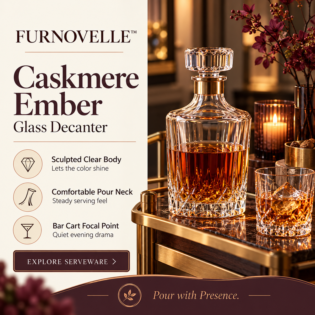 FURNOVELLE Caskmere Ember Glass Decanter with amber beverage on a refined bar cart