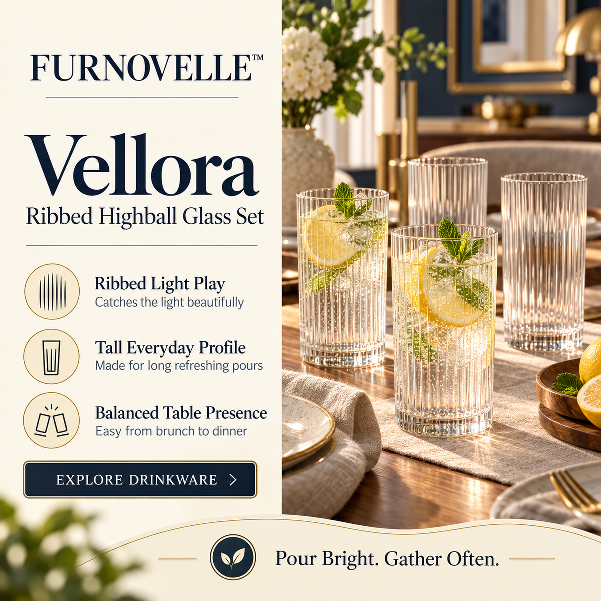 FURNOVELLE Vellora Ribbed Highball Glass Set styled with citrus water on a modern dining table