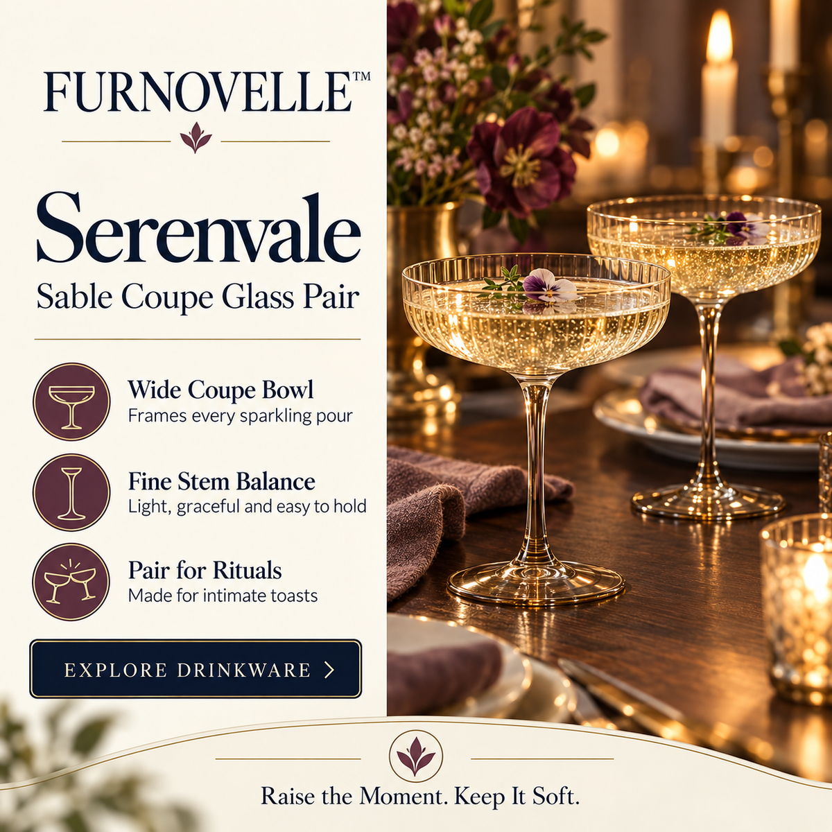 FURNOVELLE Serenvale Sable Coupe Glass Pair with sparkling drinks on a candlelit table