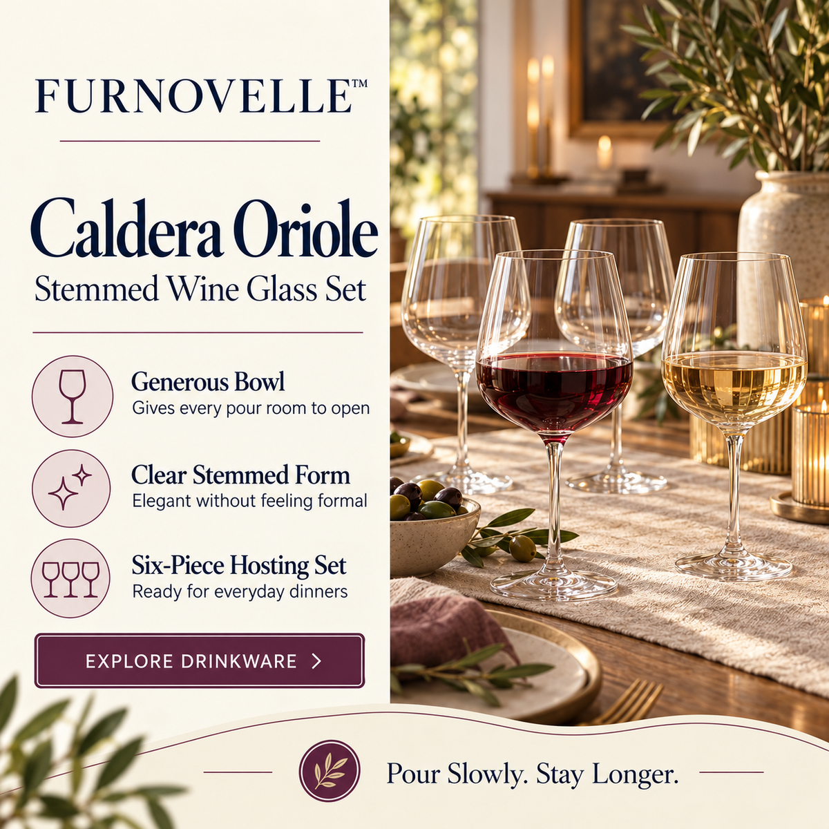 FURNOVELLE Caldera Oriole Stemmed Wine Glass Set with wine and a warm modern tablescape