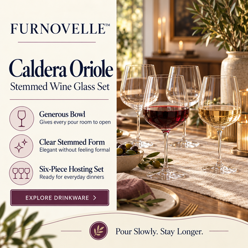 FURNOVELLE Caldera Oriole Stemmed Wine Glass Set with wine and a warm modern tablescape