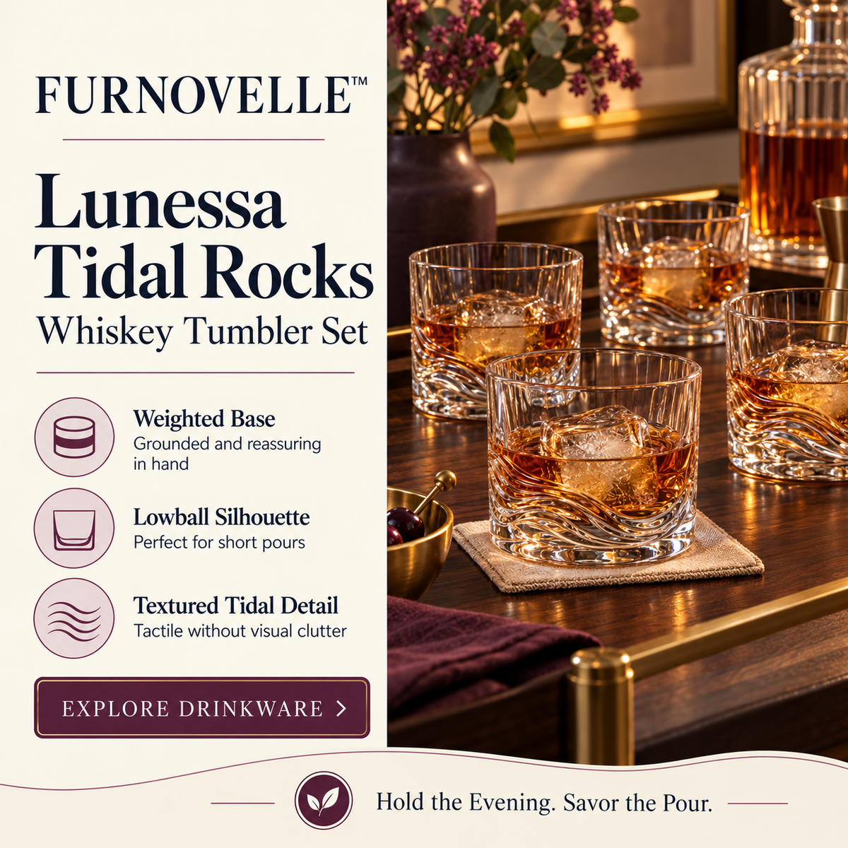 FURNOVELLE Lunessa Tidal Rocks Whiskey Tumbler Set with amber drink and ice