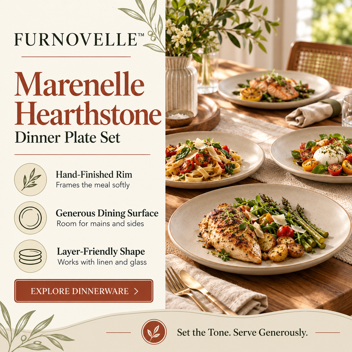 FURNOVELLE Marenelle Hearthstone Dinner Plate Set styled with a warm seasonal meal