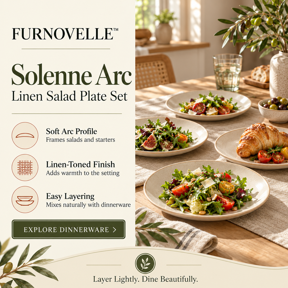 FURNOVELLE Solenne Arc Linen Salad Plate Set with greens and small plates on a linen table