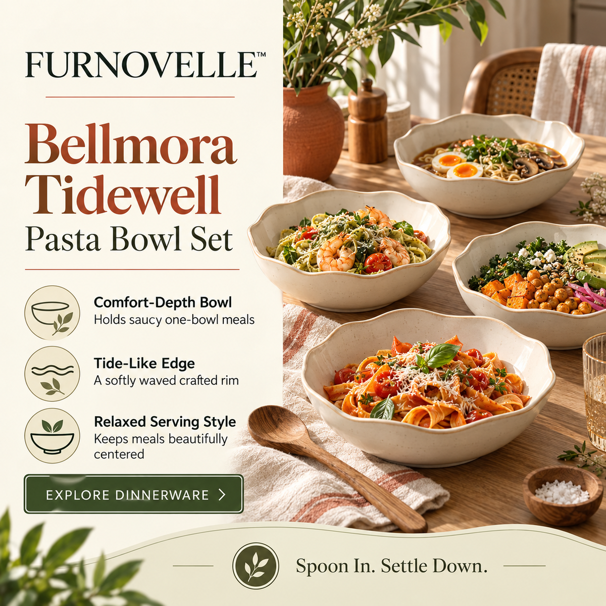 FURNOVELLE Bellmora Tidewell Pasta Bowl Set with pasta and herbs in a relaxed dining setting