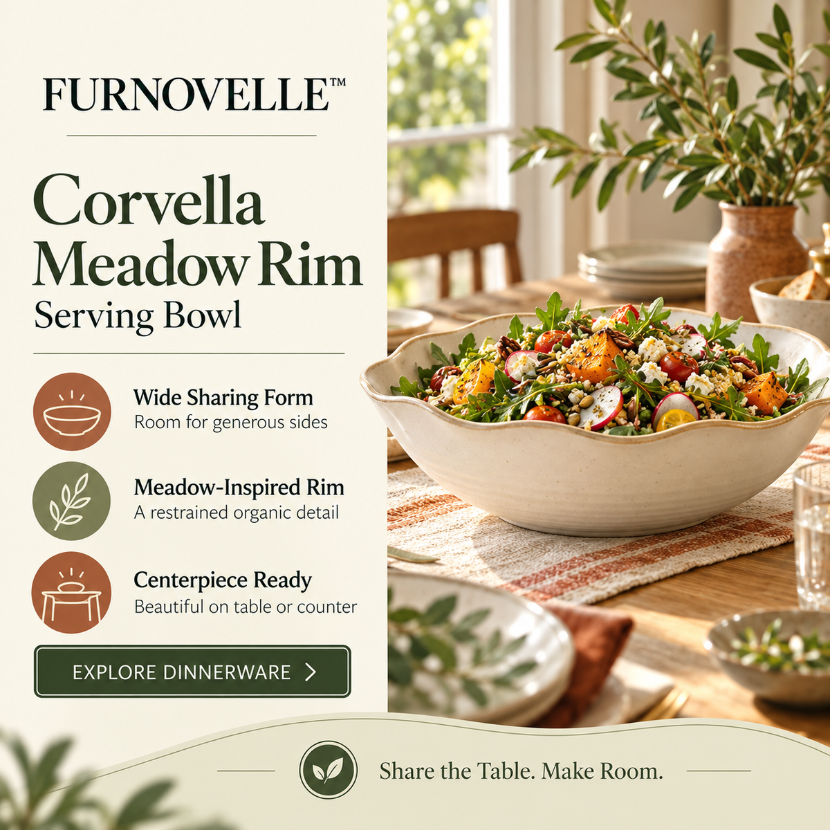 FURNOVELLE Corvella Meadow Rim Serving Bowl filled with a seasonal salad on a dining table