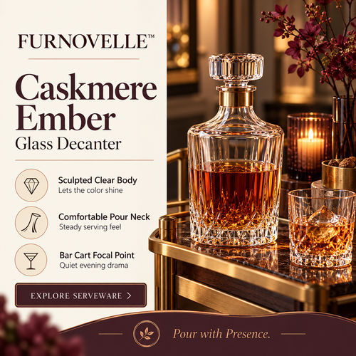FURNOVELLE Caskmere Ember Glass Decanter with amber beverage on a refined bar cart