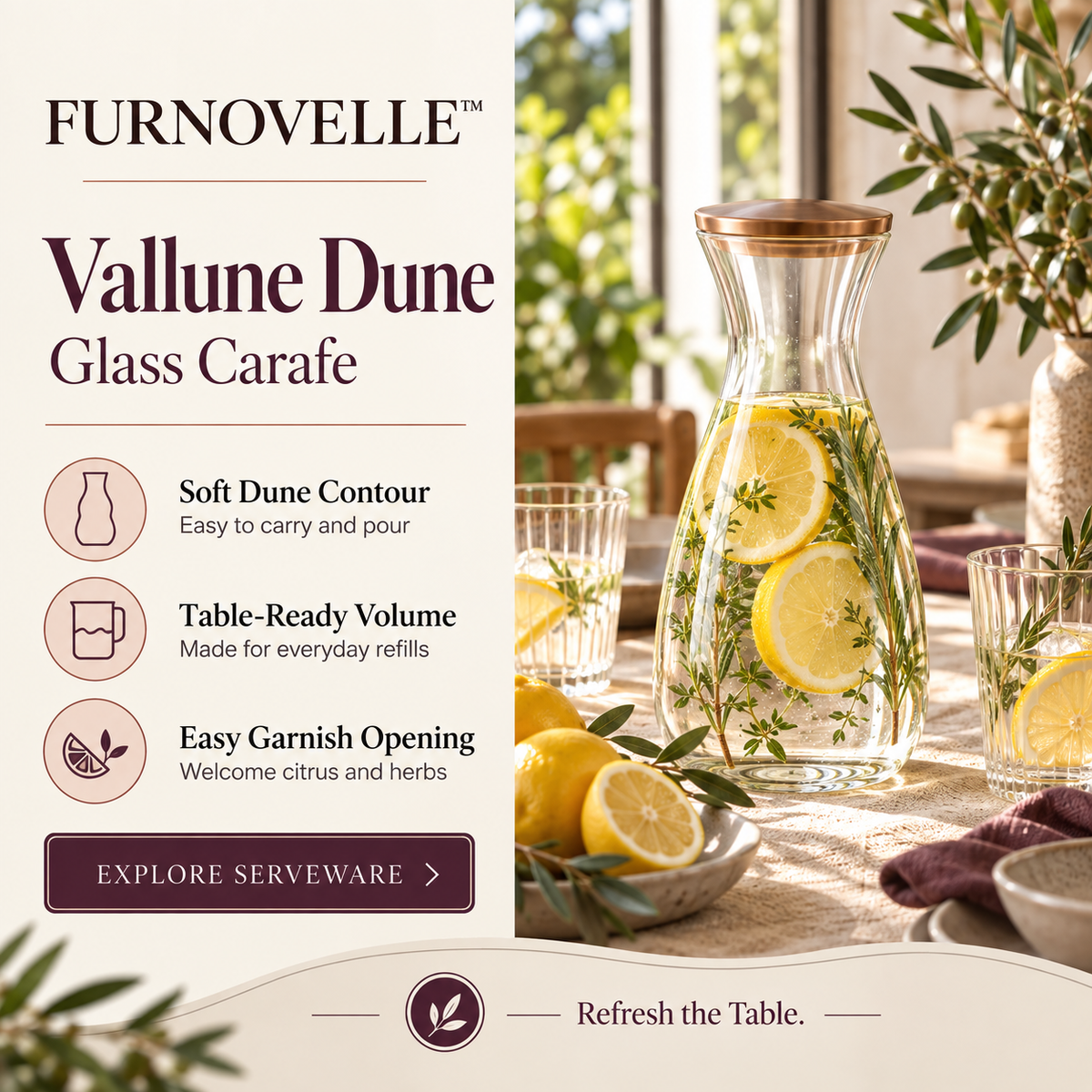 FURNOVELLE Vallune Dune Glass Carafe with lemon water and herbs beside linen tableware