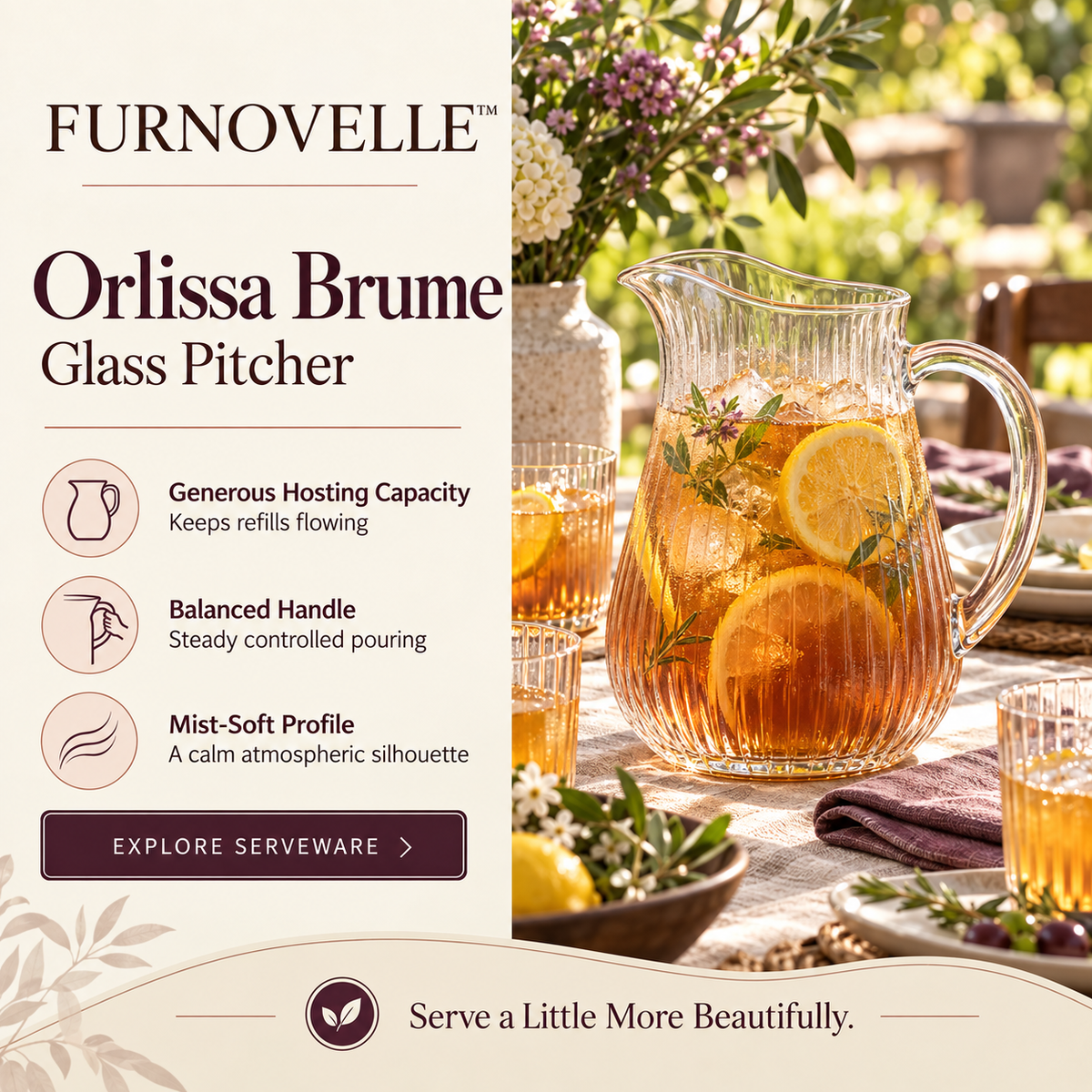 FURNOVELLE Orlissa Brume Glass Pitcher with iced tea and citrus on a sunlit dining table