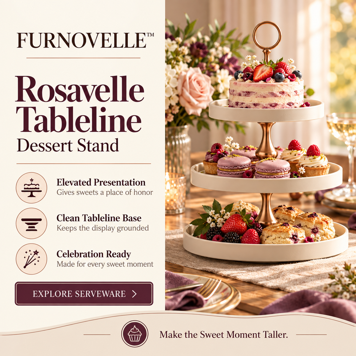 FURNOVELLE Rosavelle Tableline Dessert Stand displaying a small cake and pastries