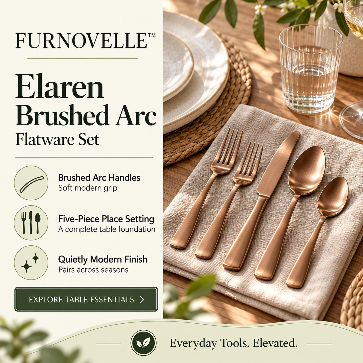 FURNOVELLE Elaren Brushed Arc Flatware Set arranged on linen napkins at a modern table