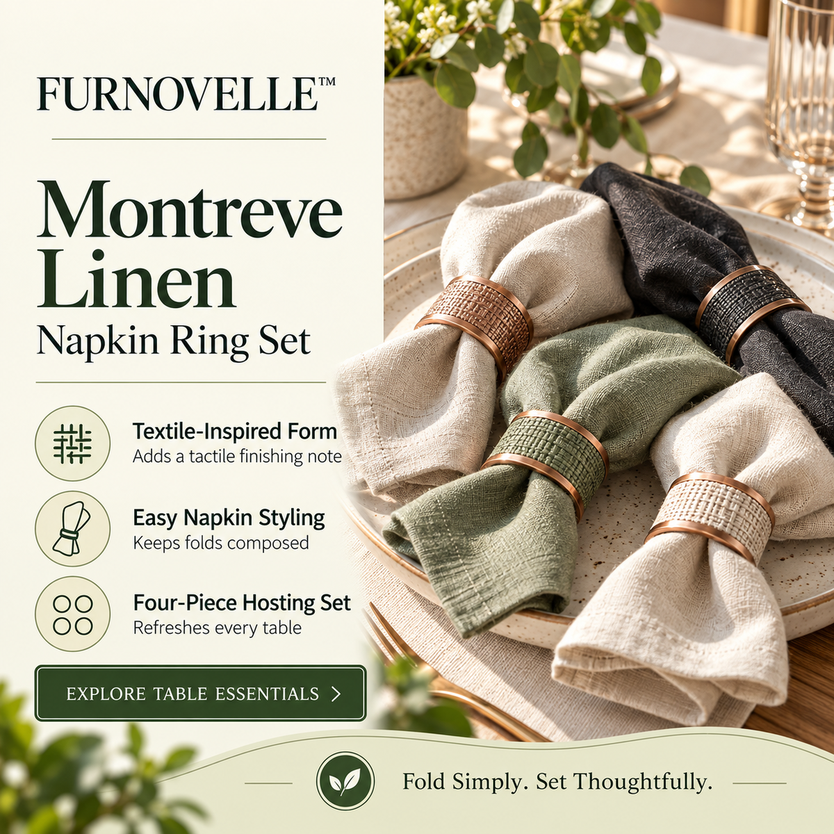 FURNOVELLE Montreve Linen Napkin Ring Set styling natural napkins on a modern dinner table