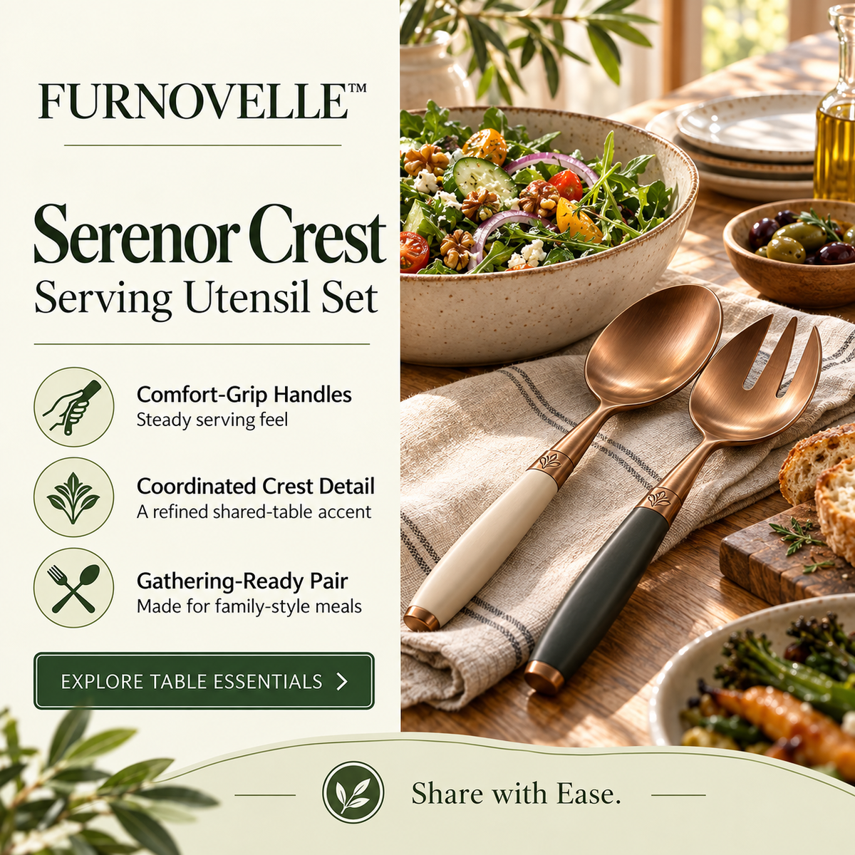 FURNOVELLE Serenor Crest Serving Utensil Set beside shared dishes and natural linen
